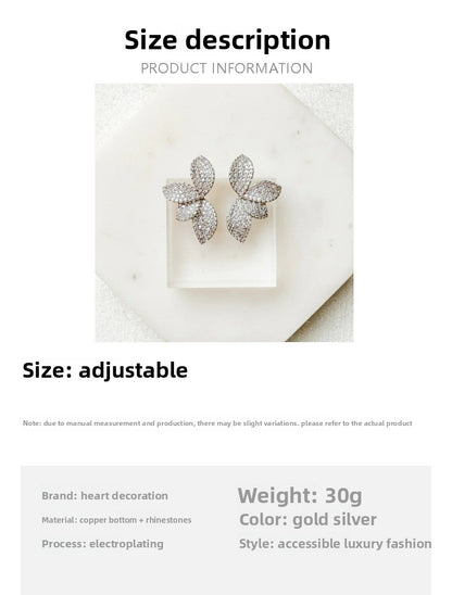 Silver Petal Earrings For Women In Alloy With Rhinestones, Electroplated Finish And 304 Stainless Steel Posts