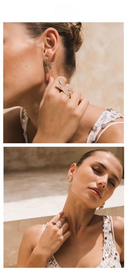 Silver Petal Earrings For Women In Alloy With Rhinestones, Electroplated Finish And 304 Stainless Steel Posts