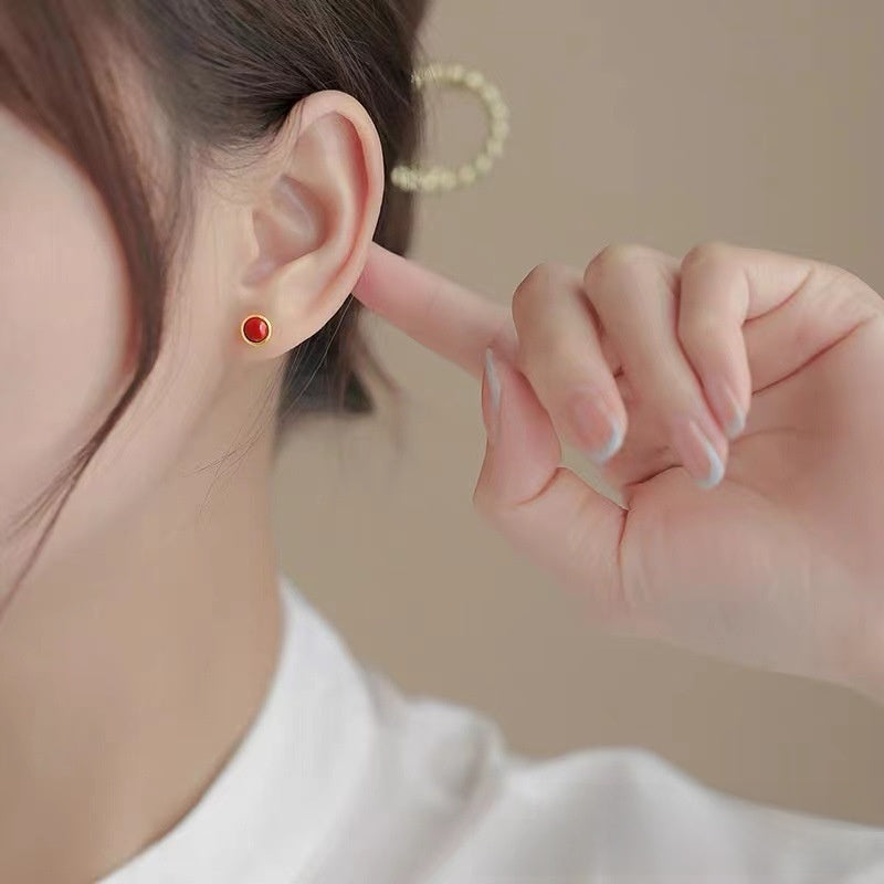Retro Geometric Red Acrylic Stud Earrings For Women With Electroplated Finish