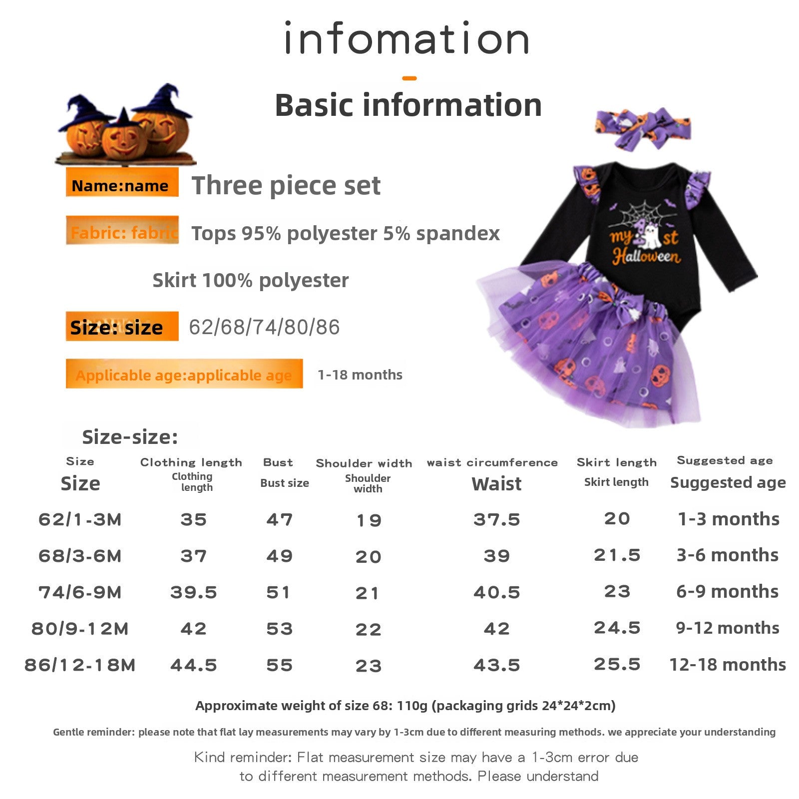 Halloween Cartoon Princess Polyester Skirt Co-ord Set For Girls, 3 Pieces Kids Clothing Set