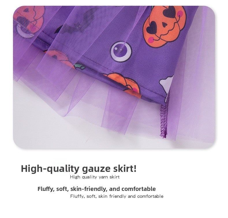 Halloween Cartoon Princess Polyester Skirt Co-ord Set For Girls, 3 Pieces Kids Clothing Set