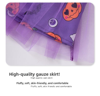 Halloween Cartoon Princess Polyester Skirt Co-ord Set For Girls, 3 Pieces Kids Clothing Set