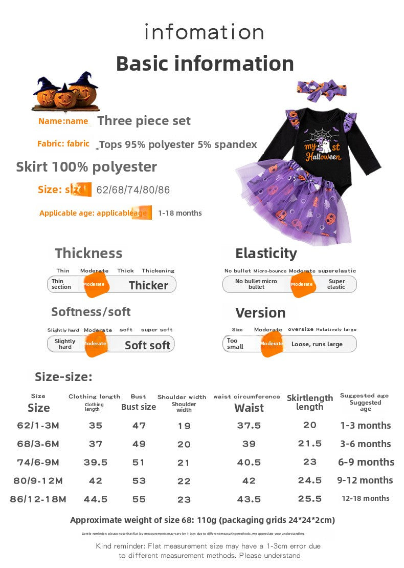 Halloween Cartoon Princess Polyester Skirt Co-ord Set For Girls, 3 Pieces Kids Clothing Set