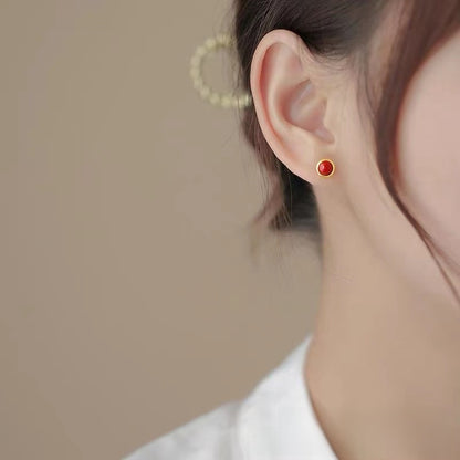 Retro Geometric Red Acrylic Stud Earrings For Women With Electroplated Finish