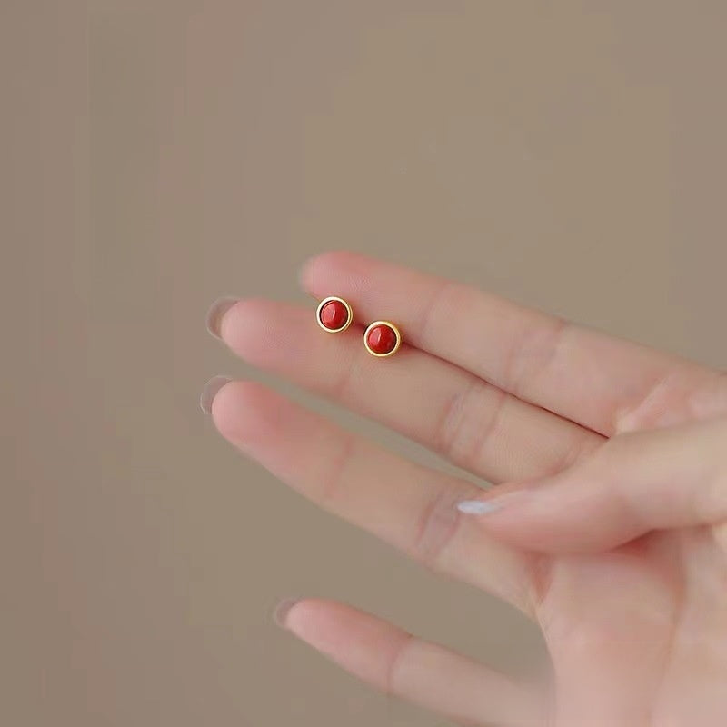Retro Geometric Red Acrylic Stud Earrings For Women With Electroplated Finish