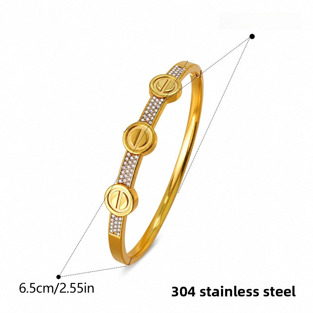 Simple Style Color Block Bangle For Women, Waterproof Non Tarnish 304 Stainless Steel With Electroplated Gold Plating And Zircon Inlay