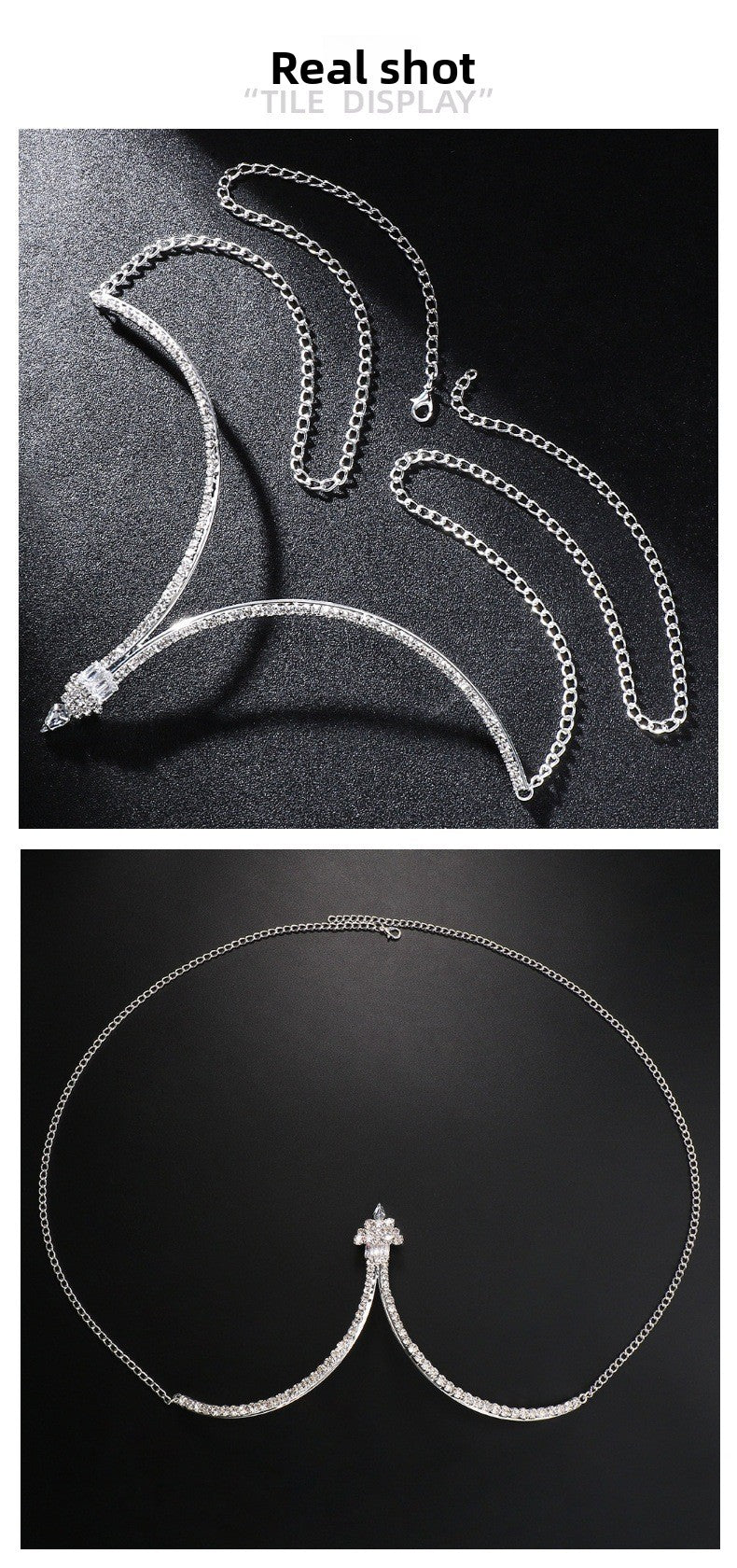 Gold Alloy Body Chain For Women Featuring Crystal Pattern With Electroplated Finish, Rhinestone Inlay Chest Jewelry