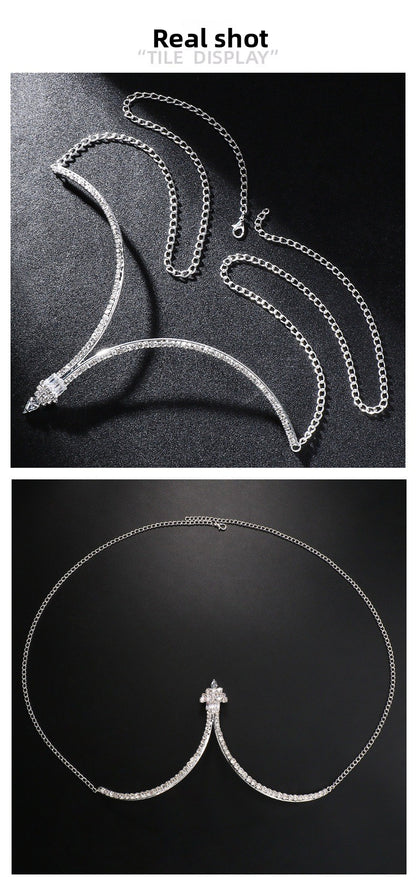 Gold Alloy Body Chain For Women Featuring Crystal Pattern With Electroplated Finish, Rhinestone Inlay Chest Jewelry