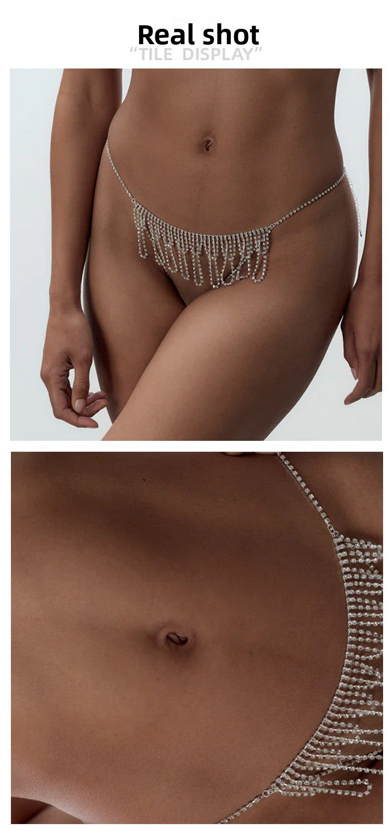 Waves Tassel Body Chain For Women In Ethnic Style With Silver Rhinestones Inlay