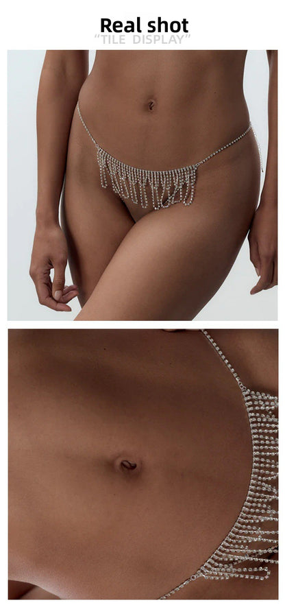 Waves Tassel Body Chain For Women In Ethnic Style With Silver Rhinestones Inlay