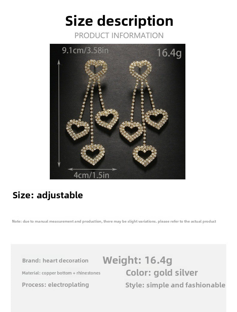 Heart Shape Tassel Earrings For Women In Silver Alloy With Rhinestone Inlay, Simple Style