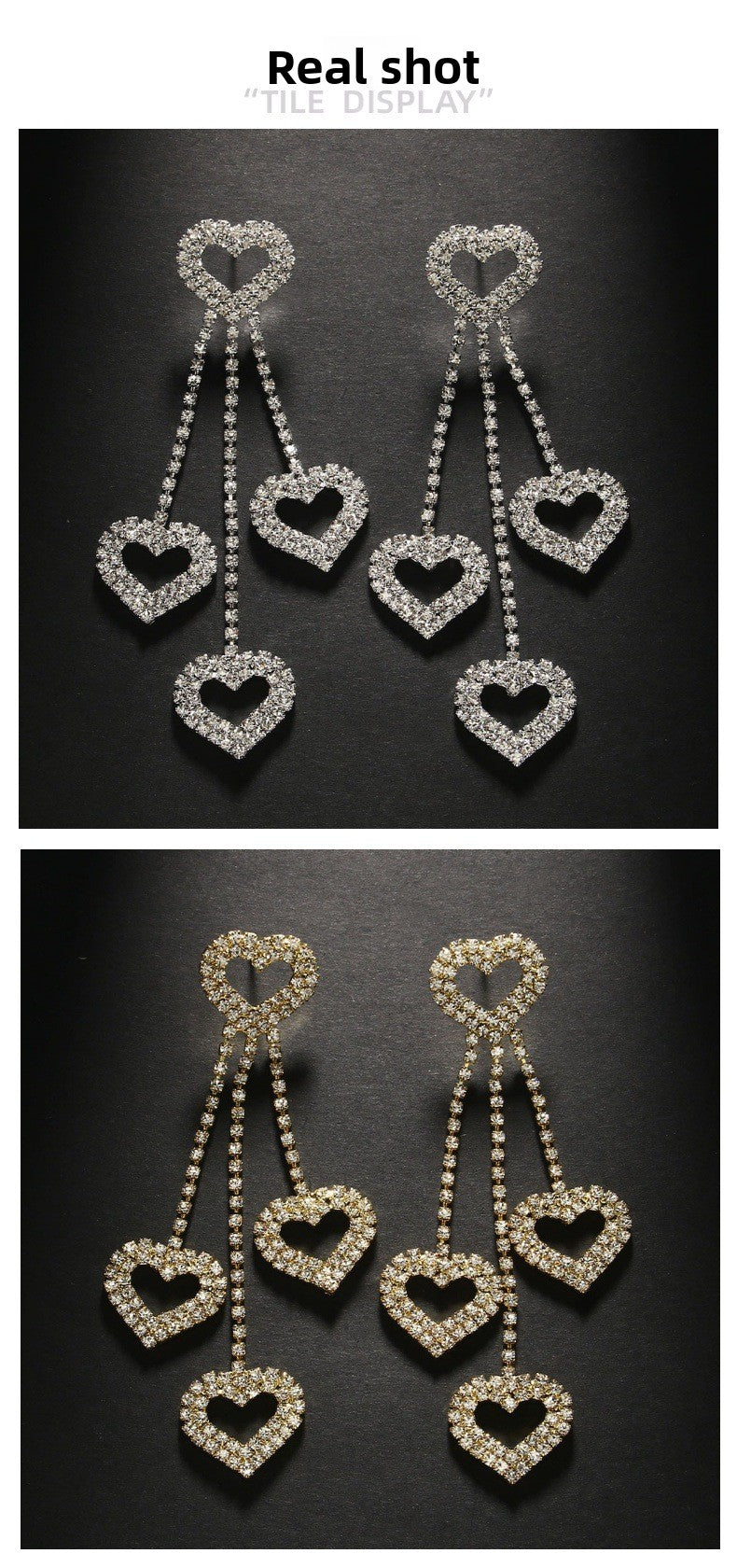 Heart Shape Tassel Earrings For Women In Silver Alloy With Rhinestone Inlay, Simple Style