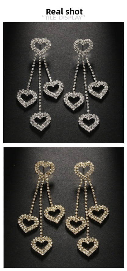 Heart Shape Tassel Earrings For Women In Silver Alloy With Rhinestone Inlay, Simple Style