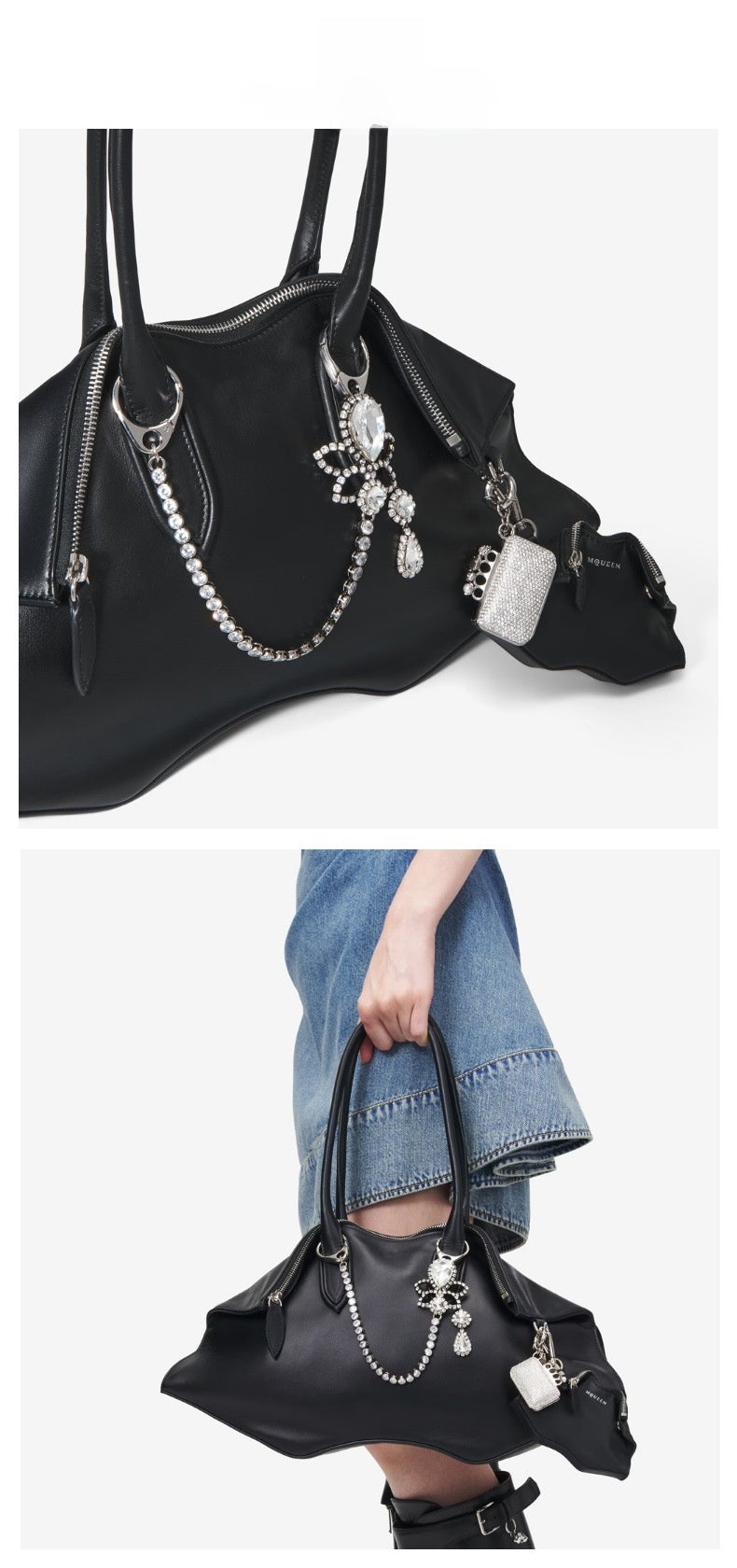 Electroplated Silver Water Droplets Bag Pendant In Alloy With Rhinestone Inlay