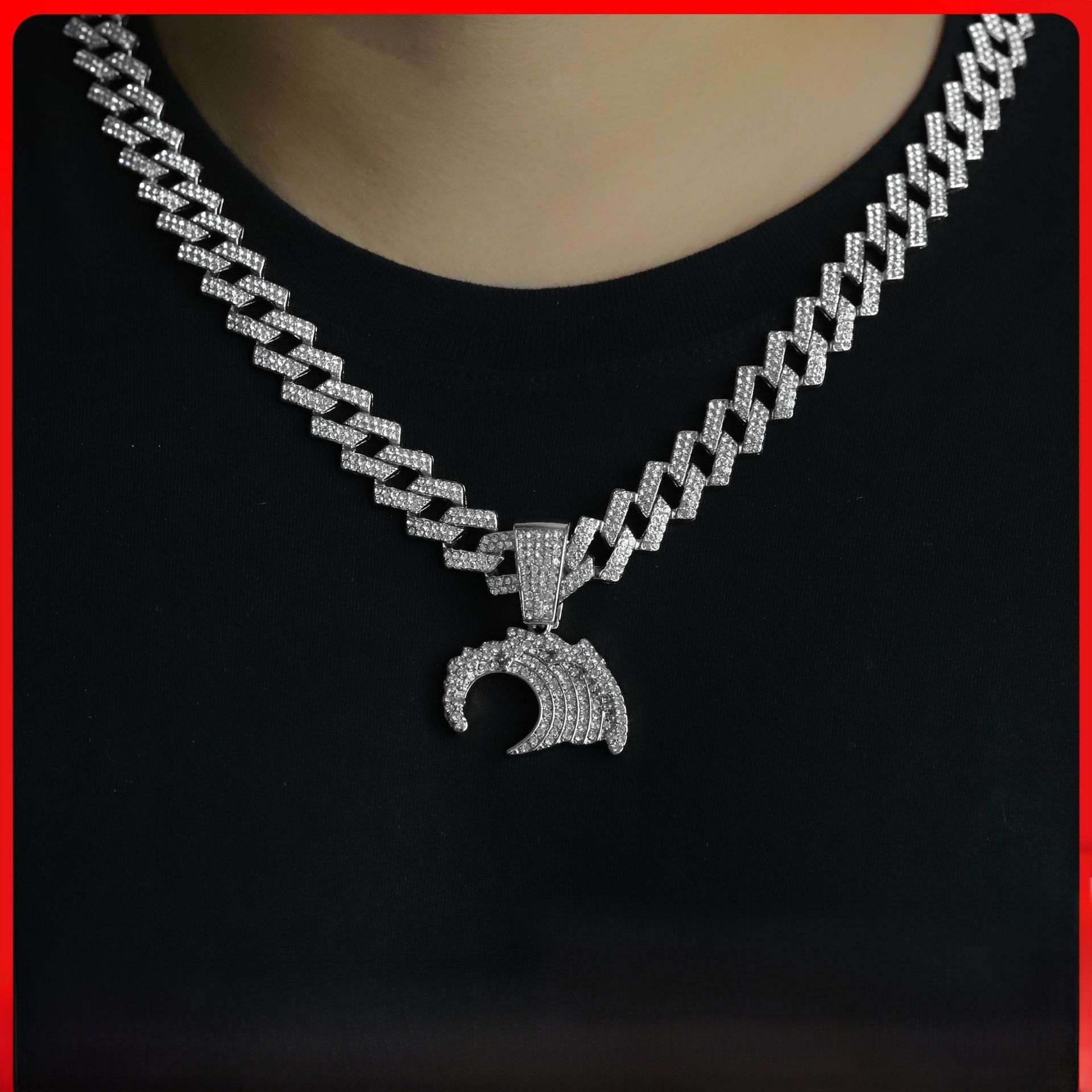 Hip-Hop Sea Wave Pendant In Silver Zinc Alloy With Rhinestone Inlay, Perfect For Spring & Summer
