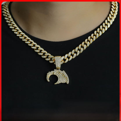 Hip-Hop Sea Wave Pendant In Silver Zinc Alloy With Rhinestone Inlay, Perfect For Spring & Summer