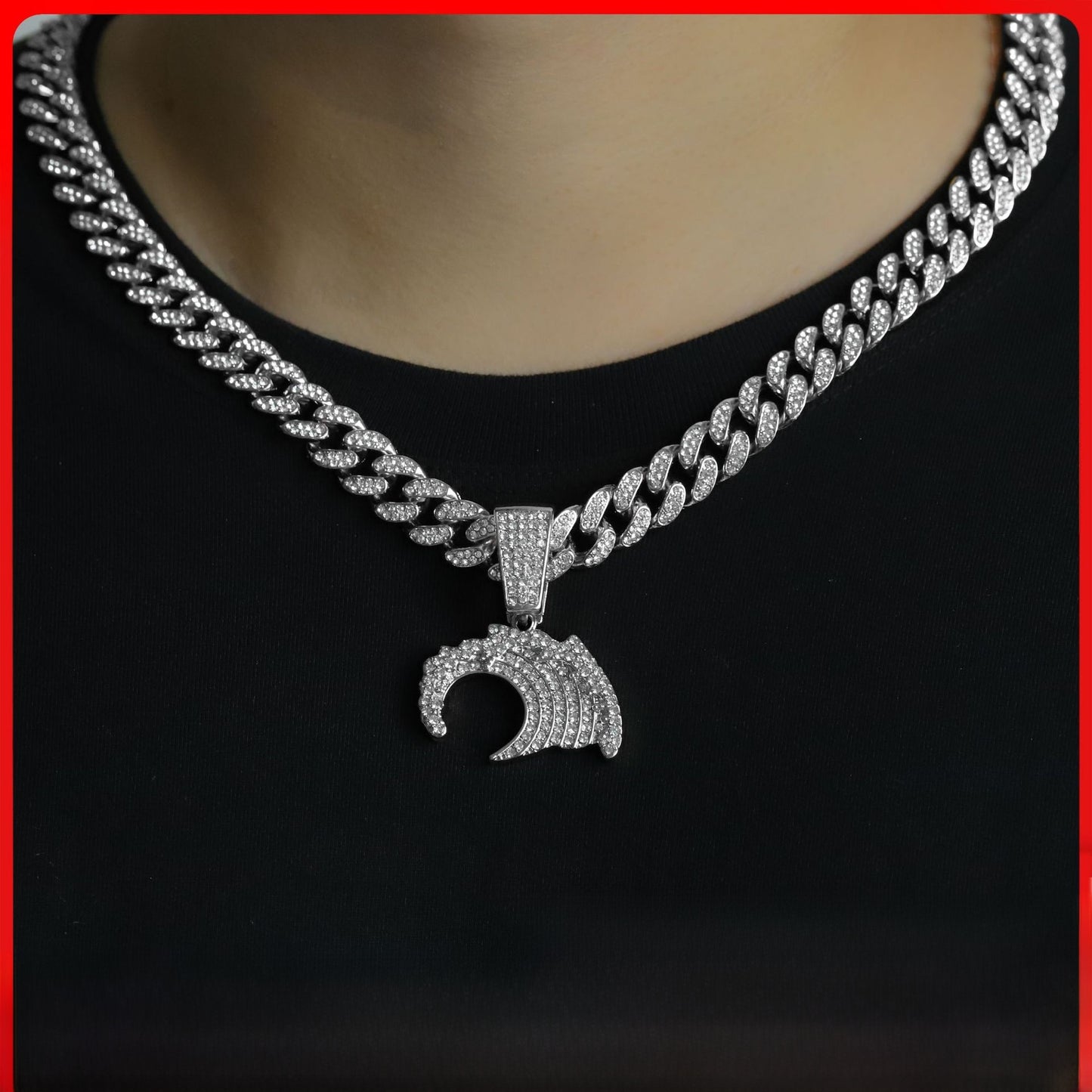 Hip-Hop Sea Wave Pendant In Silver Zinc Alloy With Rhinestone Inlay, Perfect For Spring & Summer