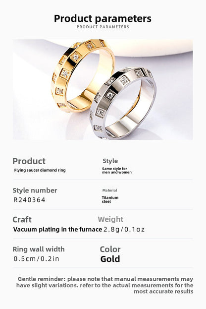 Classic Style UFO Band Ring For Women In Titanium Steel With 18K Real Gold Electroplated And Rhinestone Inlay