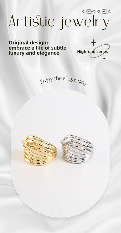 Unisex Stripe Open Rings Made Of Copper With Real Gold Plated Finish In Elegant Gold Color