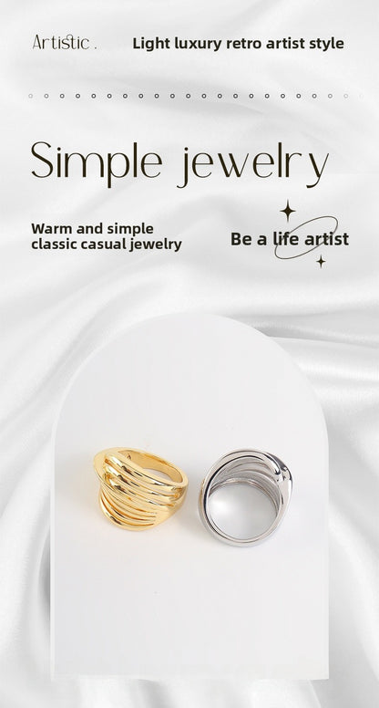 Unisex Stripe Open Rings Made Of Copper With Real Gold Plated Finish In Elegant Gold Color