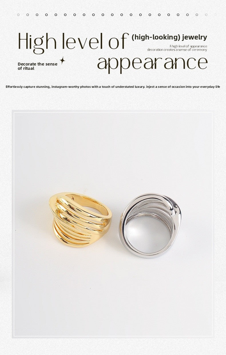 Unisex Stripe Open Rings Made Of Copper With Real Gold Plated Finish In Elegant Gold Color