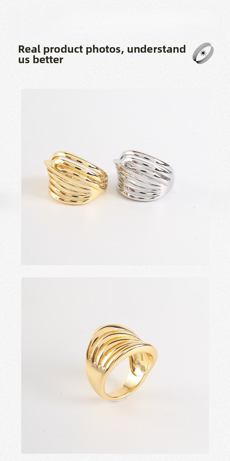 Unisex Stripe Open Rings Made Of Copper With Real Gold Plated Finish In Elegant Gold Color