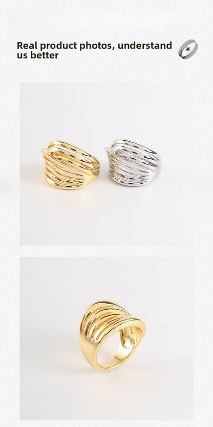 Unisex Stripe Open Rings Made Of Copper With Real Gold Plated Finish In Elegant Gold Color