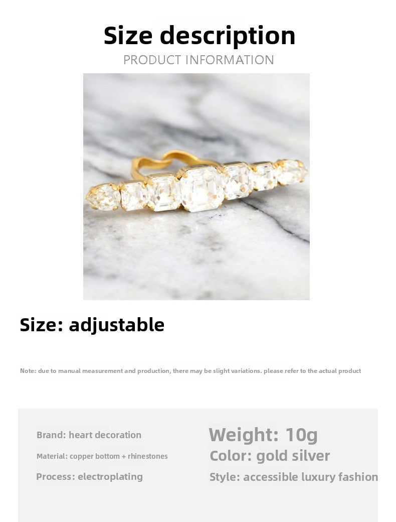Silver Quadrilateral Adjustable Ring For Women In Alloy With Rhinestones Featuring Electroplated Finish