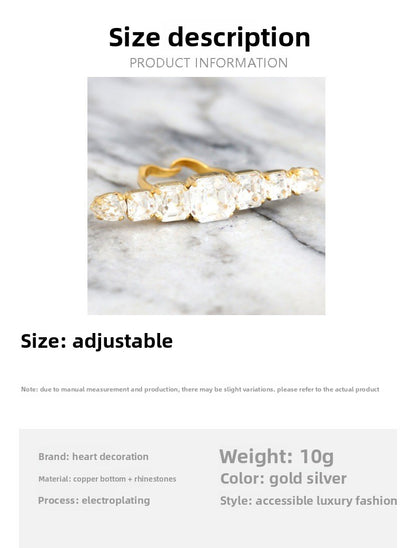 Silver Quadrilateral Adjustable Ring For Women In Alloy With Rhinestones Featuring Electroplated Finish
