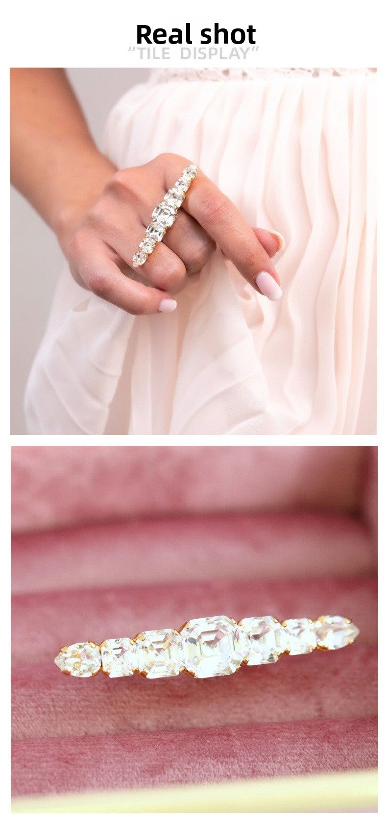 Silver Quadrilateral Adjustable Ring For Women In Alloy With Rhinestones Featuring Electroplated Finish