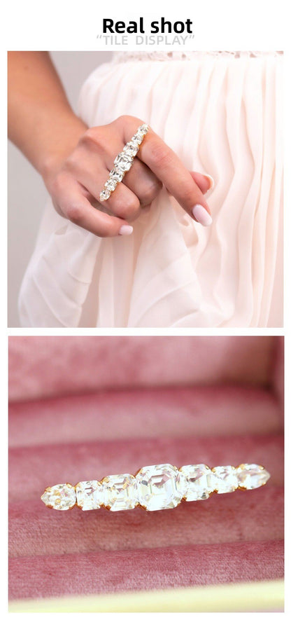 Silver Quadrilateral Adjustable Ring For Women In Alloy With Rhinestones Featuring Electroplated Finish