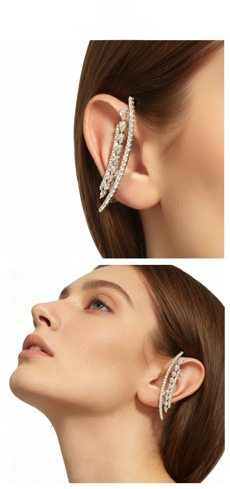 Silver Alloy Ear Cuff Earrings With Rhinestones Featuring Electroplated Finish For Elegant Style