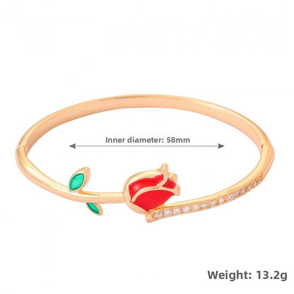Luxurious Flowers Inlay Copper Bangle For Women With Electroplated Gold Plating And Rhinestone Details
