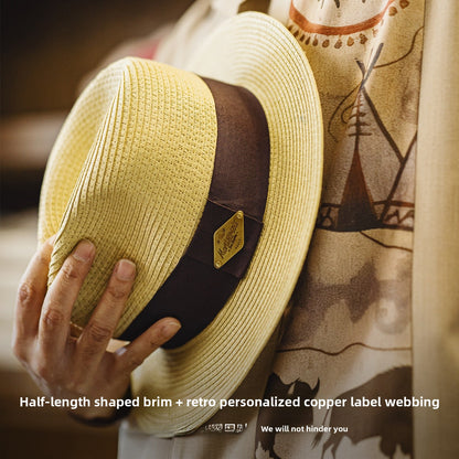 Retro Solid Color Panama Hat With Short Brim, Breathable Design, Made Of Polyester Featuring Braid Craftsmanship