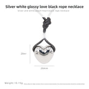 Silver-white Glossy Heart-shaped Black Cord Necklace