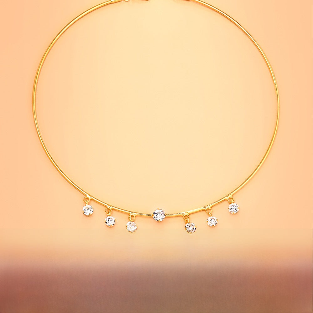 Geometric Choker For Women With Copper Chain And Rhinestone Pendant, Electroplated Gold Plating