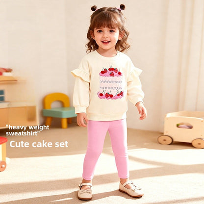 Cute Printing Cotton Girls' Pant Co-ord Set With Long Sleeve, 2 Pieces Set For Kids