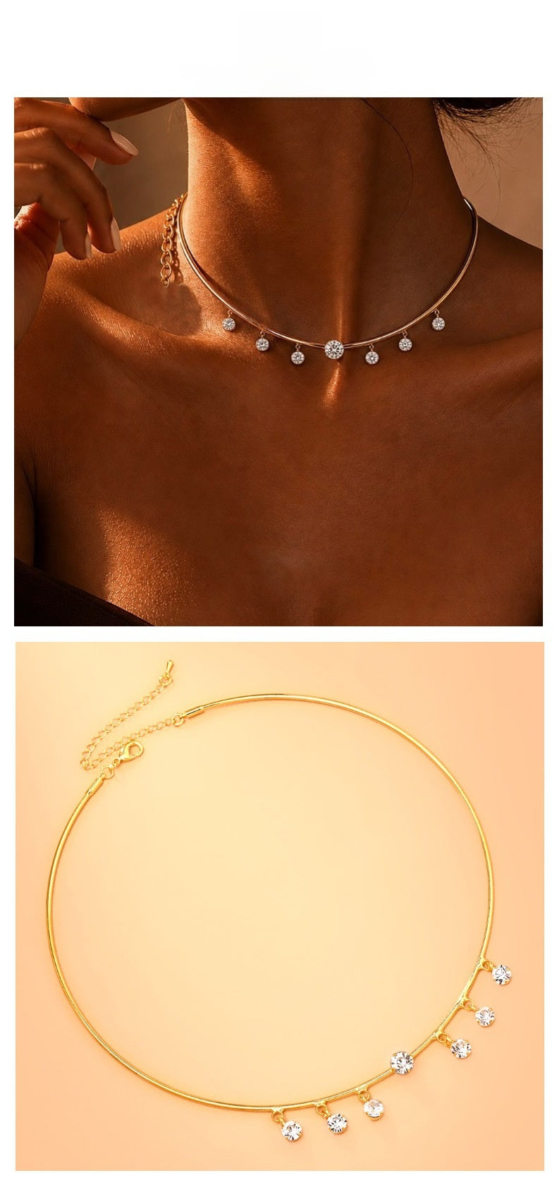 Geometric Choker For Women With Copper Chain And Rhinestone Pendant, Electroplated Gold Plating