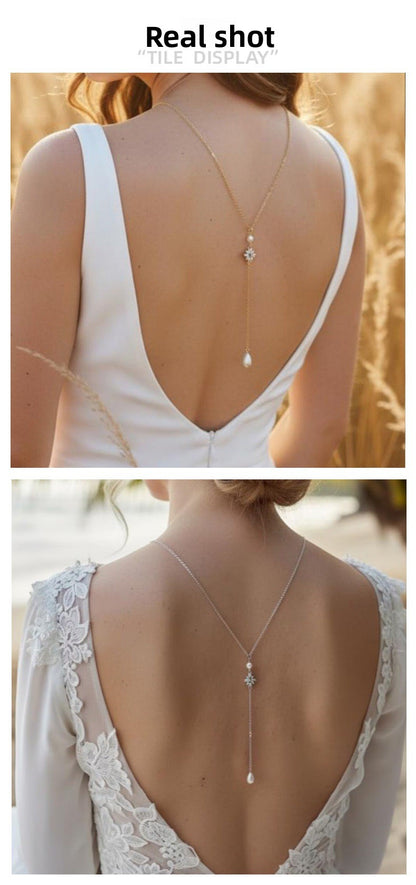 Silver Alloy Body Chain For Women Featuring Pearl Pattern And Zircon Inlay, Perfect For Wedding Back Accessory