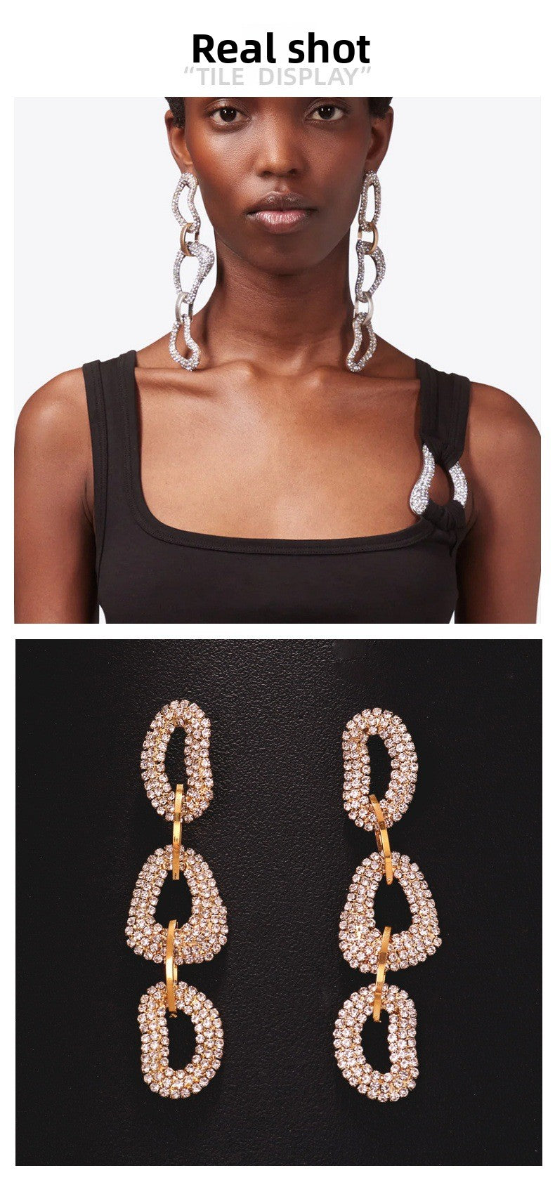 Exaggerated Geometric Gold Earrings For Women With 304 Stainless Steel Posts And Rhinestone Inlay