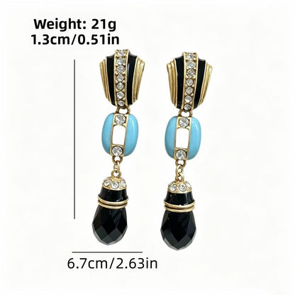 Water Droplets Drop Earrings For Women Featuring Blue Enamel And Rhinestones With 925 Sterling Silver Studs And Zinc Alloy Material