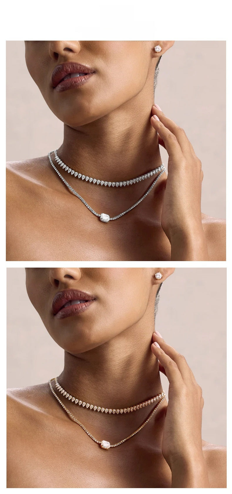 Luxurious Silver Geometric Layered Necklace For Women With Rhinestone Pendant In Alloy