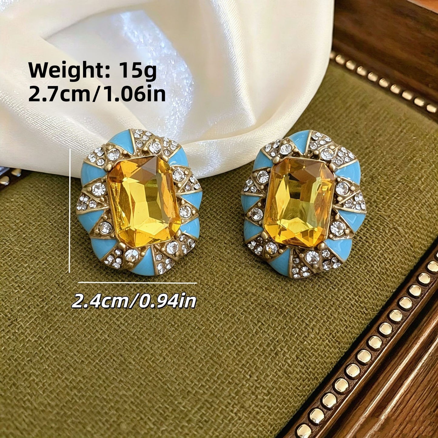 Square Blue Enamel Stud Earrings For Unisex Featuring Zinc Alloy With Rhinestones And 925 Sterling Silver Posts
