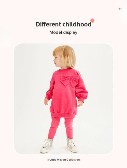 Girls' Solid Color Sport Sweatshirt & Hoodie Co-ord Set In Cotton With Long Sleeve, 2 Pieces Set For Kids