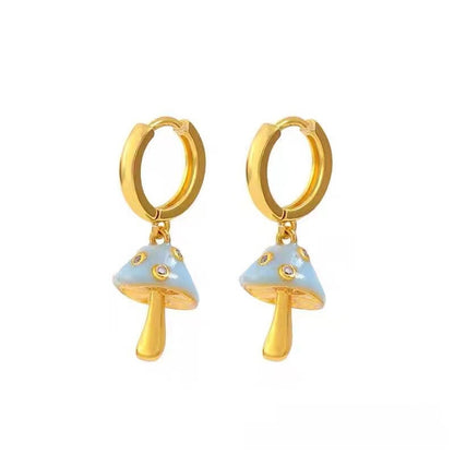 Mushroom For Unisex Enamel Alloy Clip Earrings In Blue Featuring Ethnic Style Design
