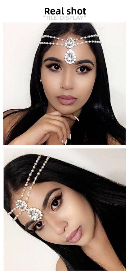 Ethnic Style Pearl Hair Chain Insert Comb For Women With Rhinestones In Silver