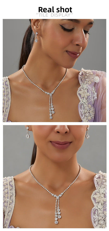 Heart Shape Jewelry Set For Women In Silver Alloy With Rhinestones And Tassel Design