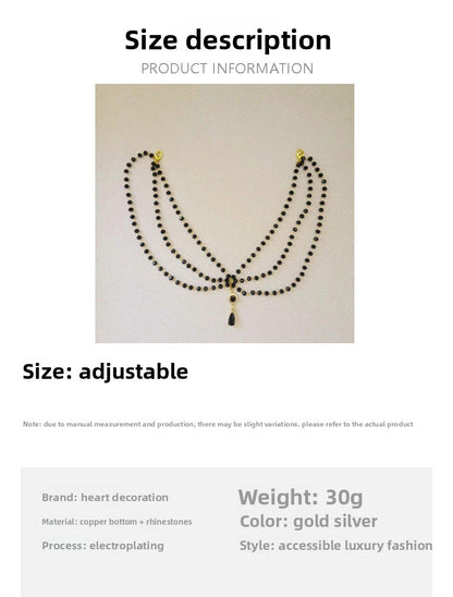 Water Droplets Body Chain For Women In Dyed Black Alloy With Crystal Inlay, Perfect For Wedding Accessories