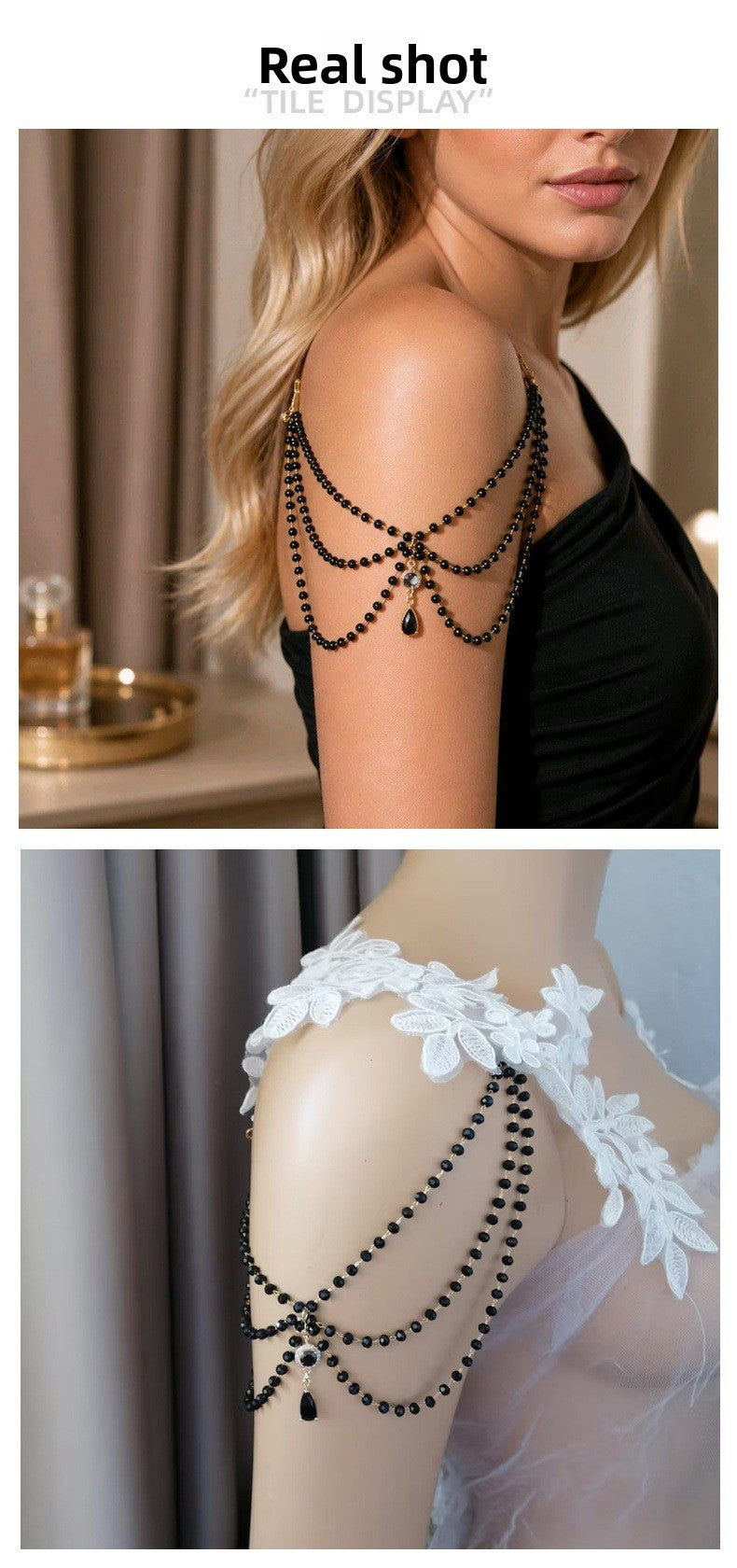 Water Droplets Body Chain For Women In Dyed Black Alloy With Crystal Inlay, Perfect For Wedding Accessories