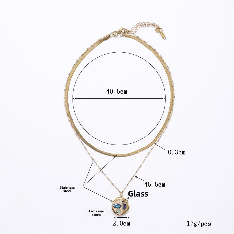 Sweet Double Layer Necklaces With Gold Blade Pendant In Titanium Steel For Women, Featuring 304 Stainless Steel Snake Chain